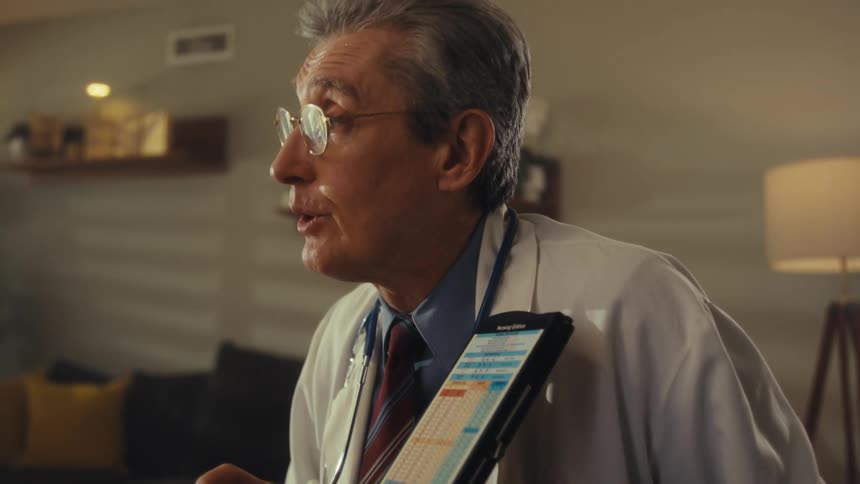 The video shows a male doctor wearing a white coat and glasses speaking to someone offcamera he is holding a tablet device and gesturing with a pen as if explaining something