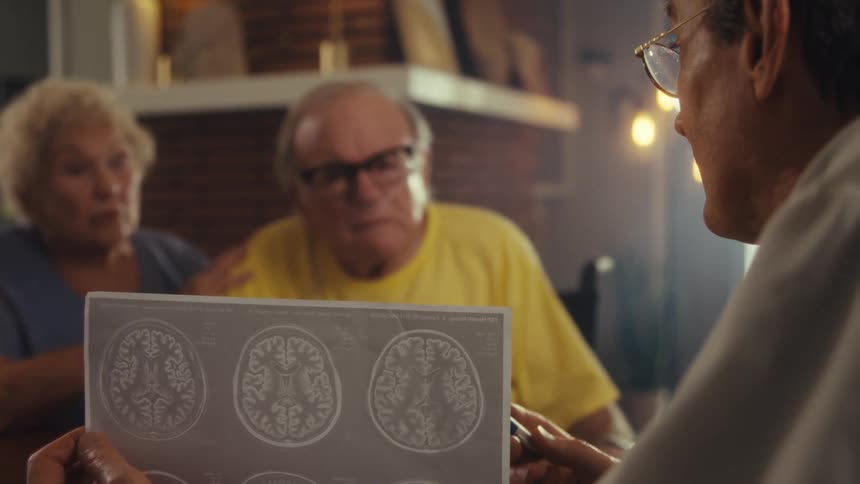 Elderly couple watches closely as a doctor holds and shows brain mri scans