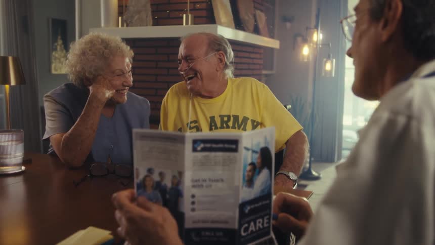 The video shows an elderly couple sitting at a table with a doctor the doctor is holding a brochure and appears to be discussing health information with them
