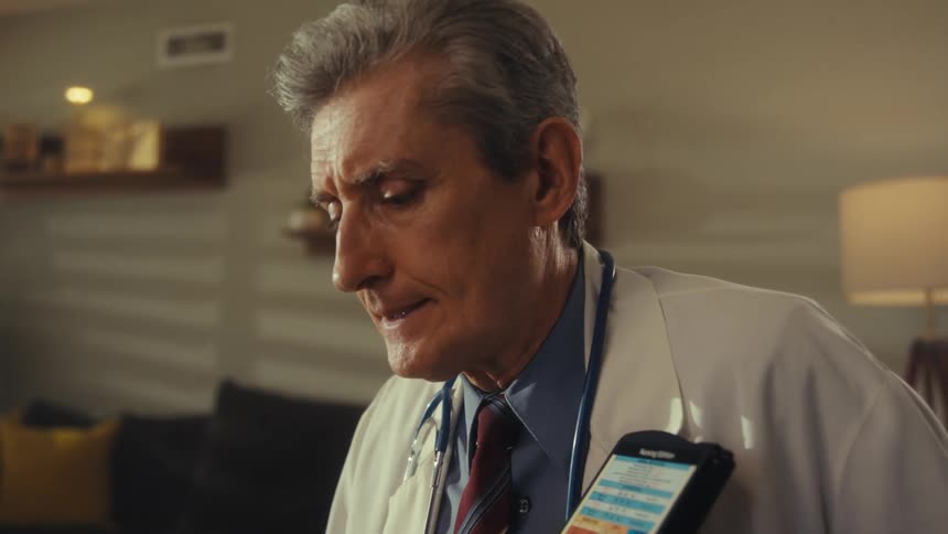 A doctor with graying hair and glasses wearing a white coat and tie takes out his glasses while talking to a patient