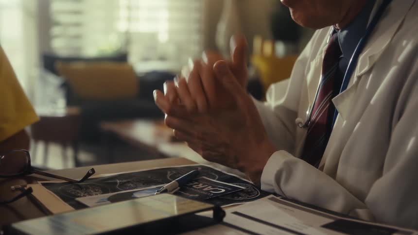 A medical professional wearing a white coat and tie sits at a desk across from a man in a yellow shirt talking while gesturing with his hands