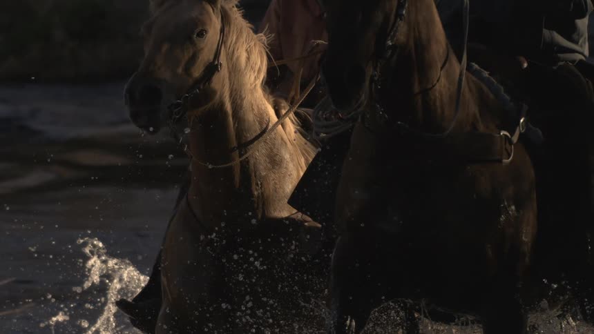 Two horses running through water with riders mounted