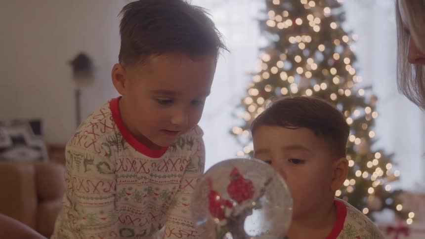 A young mother shakes a snow globe for her sons to observe playfully in a living room during daytime