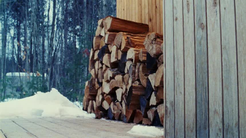 Split wood stacked on snow against wood fence in woodland area