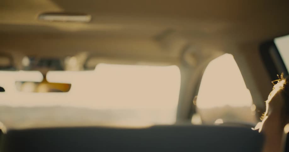 A girl with brown hair is sitting in the back seat of a car she is looking at something in her lap as the sun shines through the window