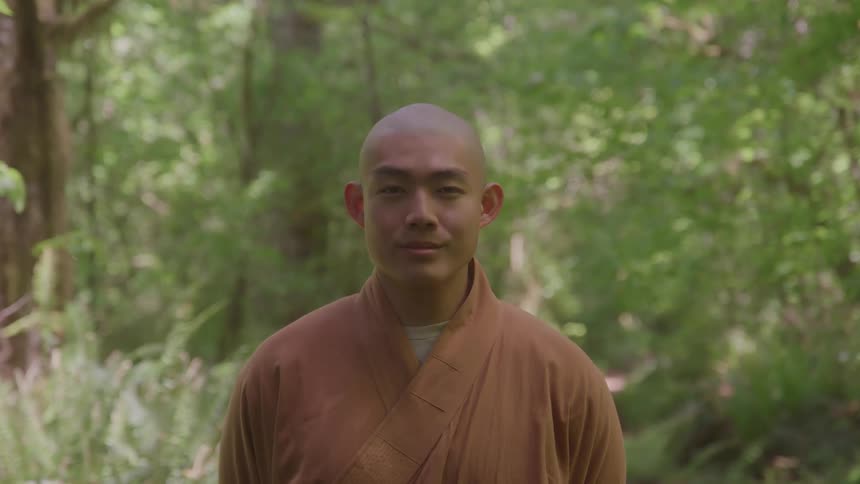 A person with a shaved head and wearing a brown robe is standing in a lush green forest they are facing the camera with a neutral expression the background is filled with various shades of green from the trees and undergrowth