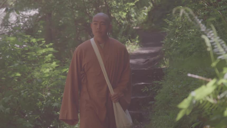 A monk walks along a forest path
