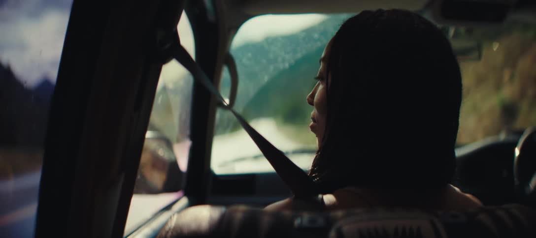 The video shows the interior of a car with the camera placed behind the passengers seat a person with dark braided hair and wearing a seatbelt is visible in the frame looking out the window the person is silhouetted against the bright scenery outside