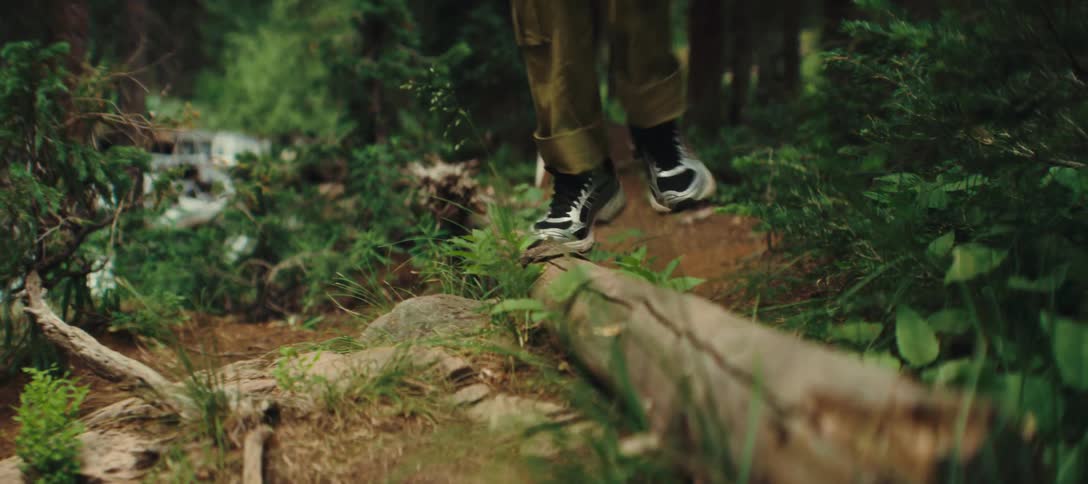 Person walks along a forest trail balancing on a fallen log