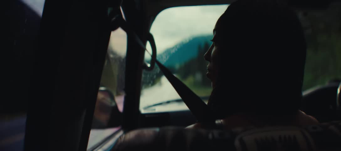 The tourists gazes out the cars windows as she travels
