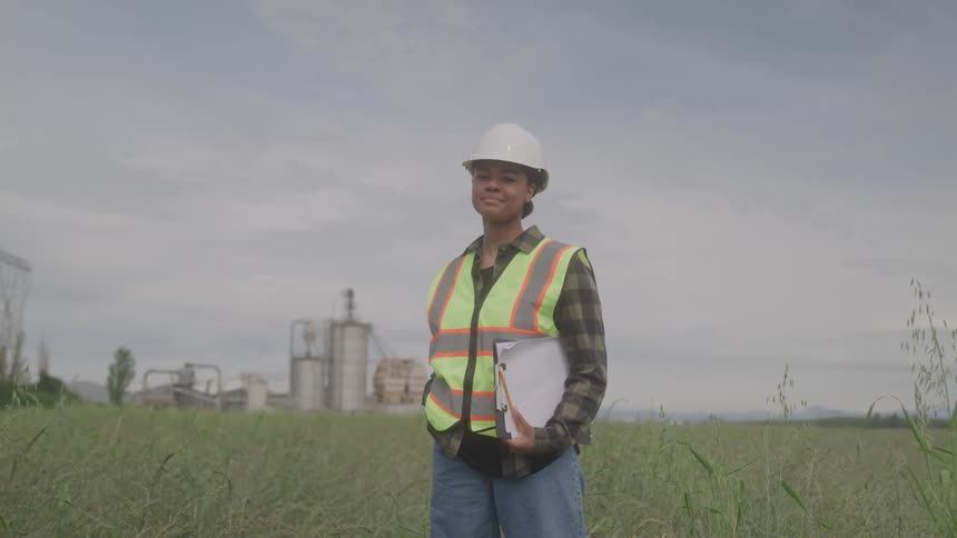 Engineer wearing a reflective vest and helmet holding a clipboard in an open field