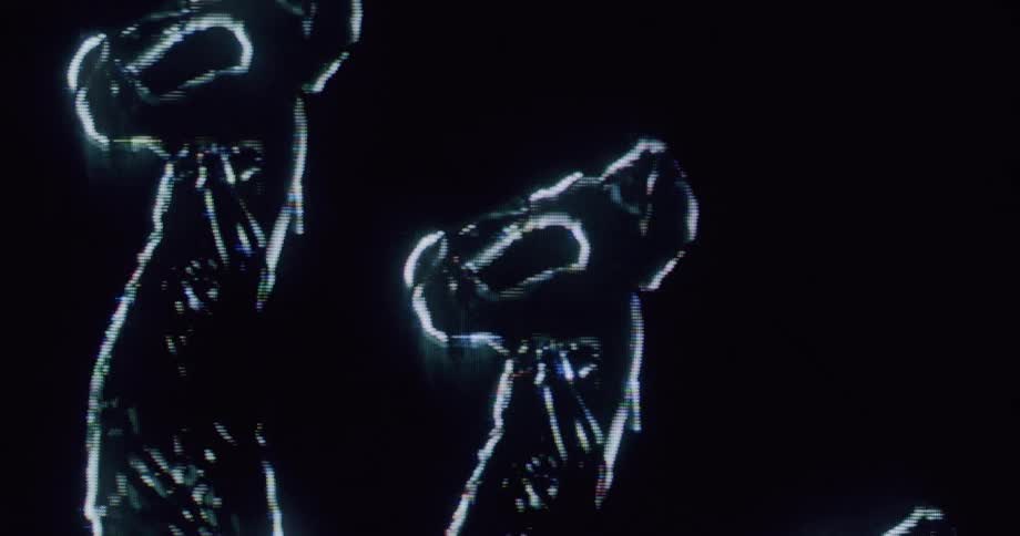 Stylized digital projection of glowing human silhouettes on a dark background