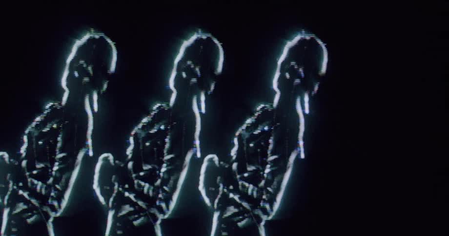 Digital art with repeated glowing silhouettes of human figures on a dark background