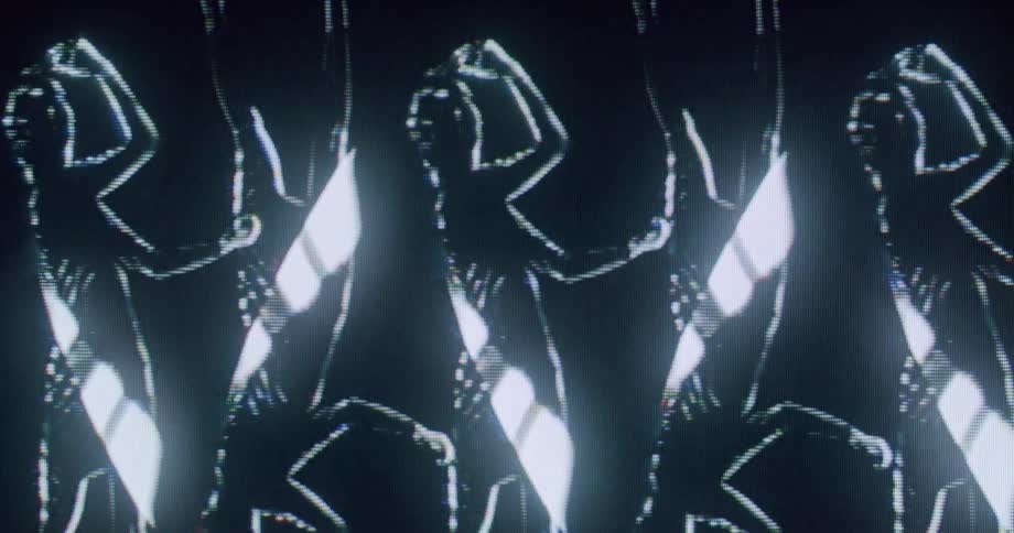 Shimmering silhouettes repeated in sequence against a dark background
