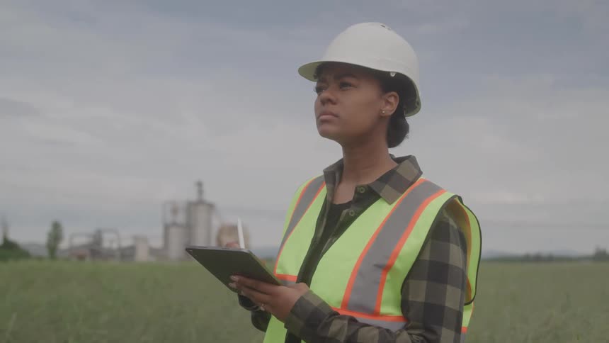 Engineer wearing a helmet and reflective vest takes notes on a tablet in the field