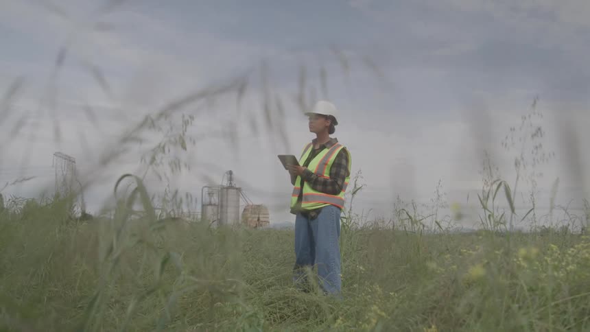 Woman in a helmet taking notes on a tablet in an open field