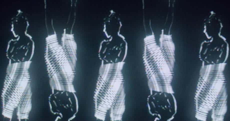Glowing digital silhouettes repeated in sequence against a dark background
