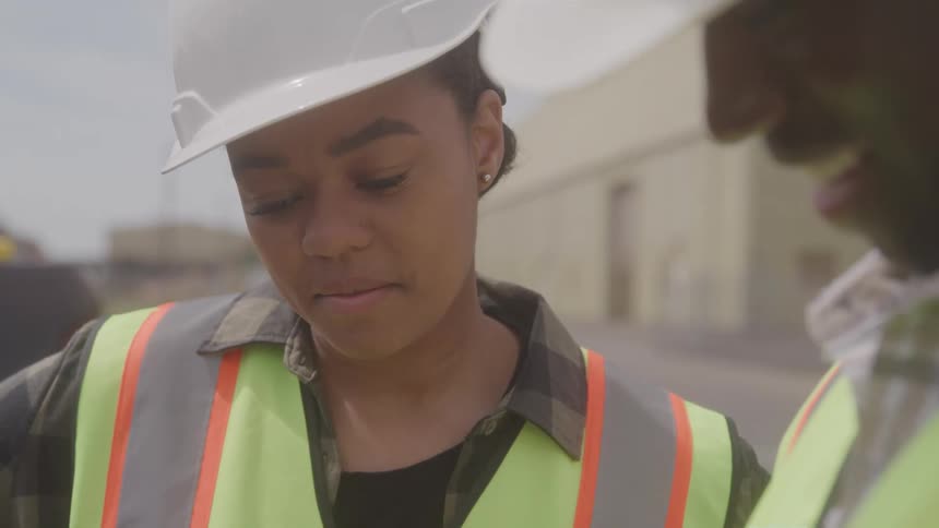 Two workers talk and nod outside