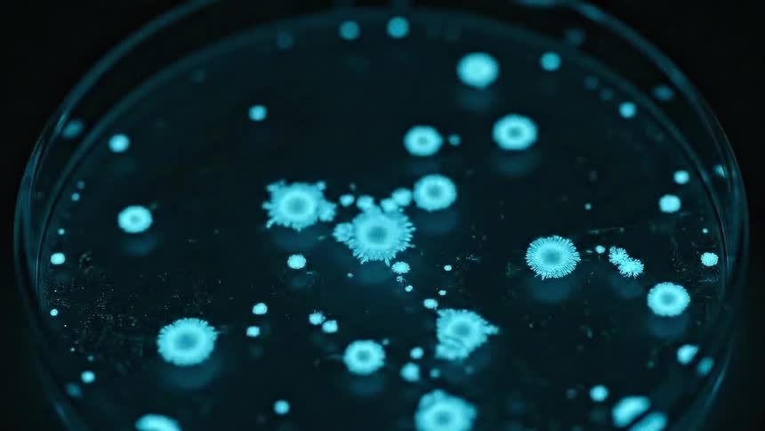 Colony of glowing microorganisms in a petri dish under blue light