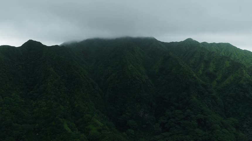 Aerial view of green mountains covered with clouds on a moody day