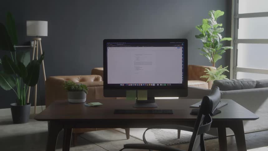 Workstation with computer on a wooden desk in a modern space with sofas and plants
