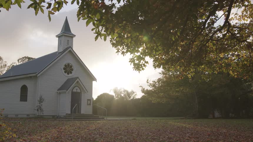 White church surrounded by trees at sunset