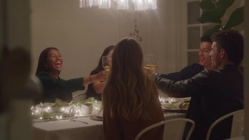 Friends toast at the dinner table