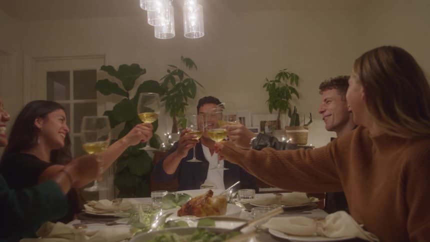 A group of friends at a dinner table making a toast with white wine