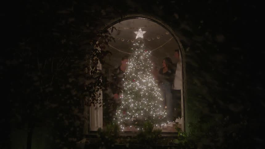 People stand by the christmas tree inside as the snow falls
