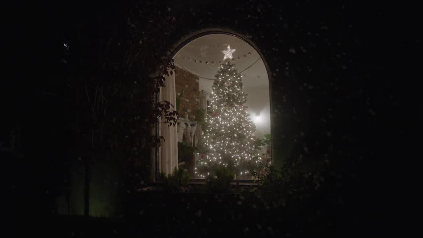 A large and fully decorated christmas tree by a large window as snow falls outside