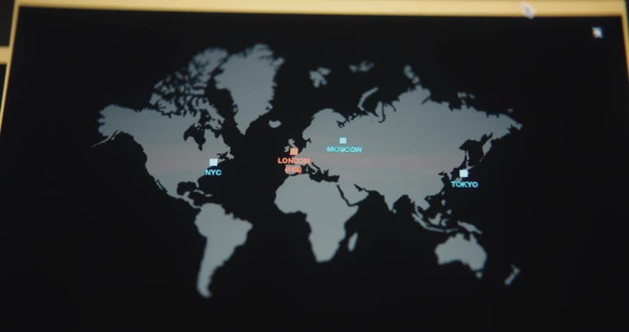 Digital world map highlights cities such as london new york moscow and tokyo connected by facilities