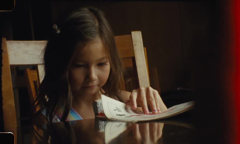 A young girl sitting at a table holding a candy bar as she goes through an activity magazine