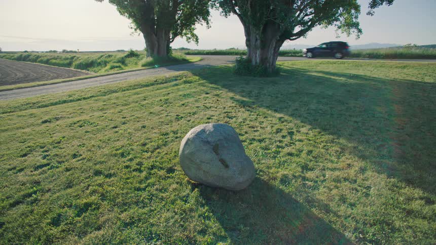 A large rock rests on a grassy area beside a paved road where a car drives past with two large trees and fields visible in the background