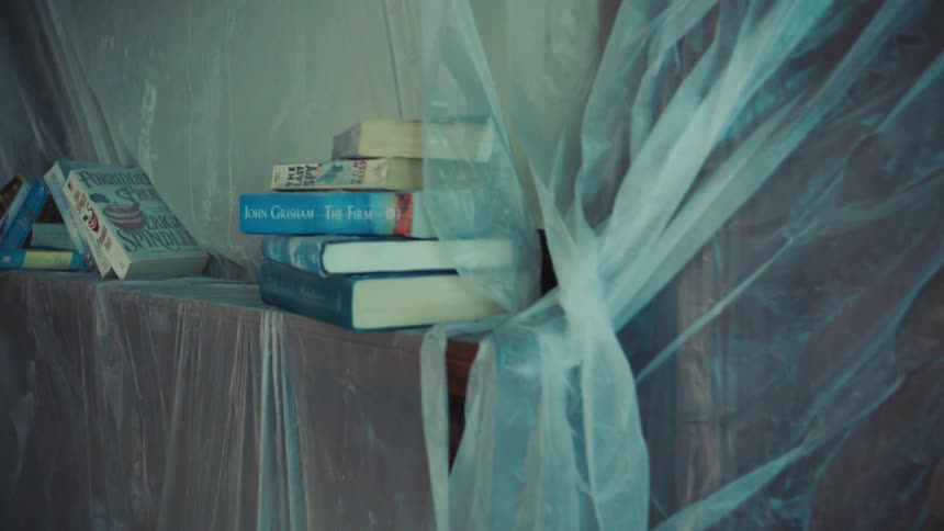 A vintage globe and some books sits draped in a room like a still life