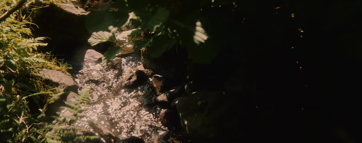 Based on the video a closeup shot shows water flowing over some small rocks in a stream sunlight is glinting off the water creating a sparkling effect
