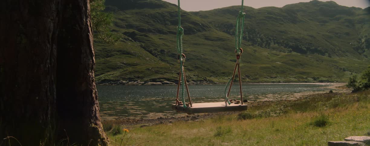 Swing attached to a tree across a river from a mountain sways in the breeze on a summer day