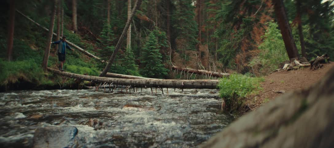 Hiker balancing on a fallen tree crossing a river