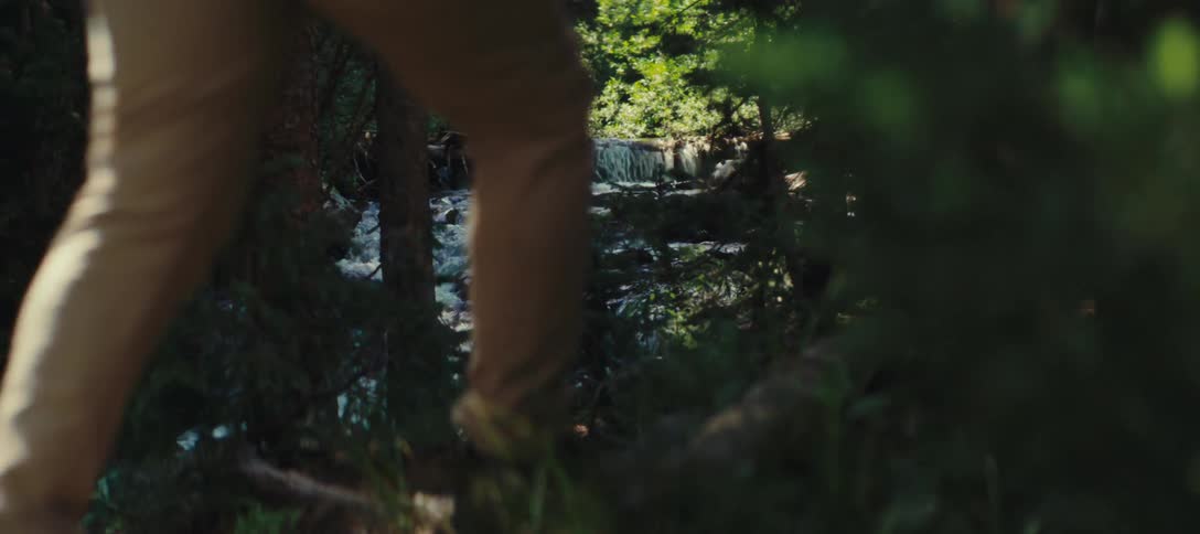 A group of people hiking in the woods walking single file across a stream