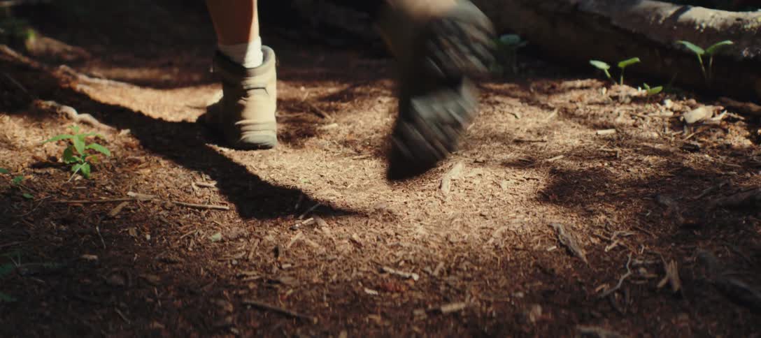 Closeup of hiking boots stepping along a forest path