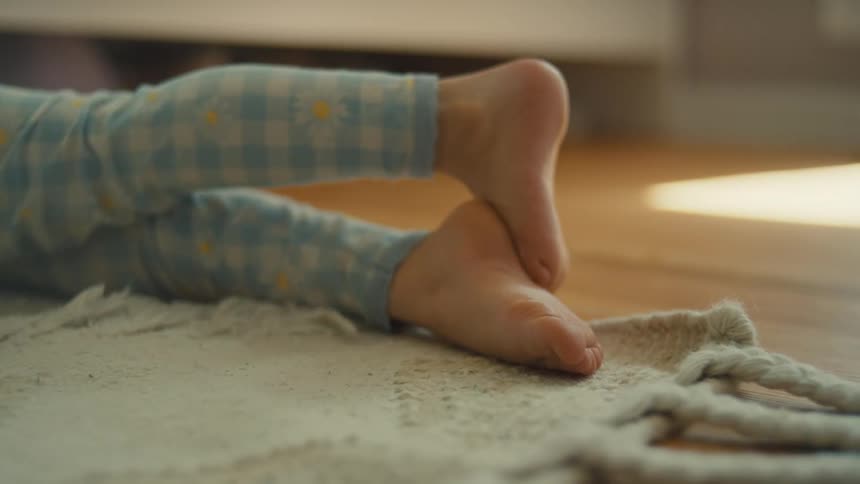 The video shows a closeup of a childs bare feet and legs as they lay on a rug the childs feet are pointed and their legs are bent they are wearing light blue pants with a checkered and daisy pattern