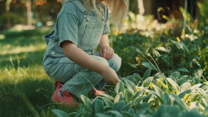 A little girl crouches in a garden surrounded by plants