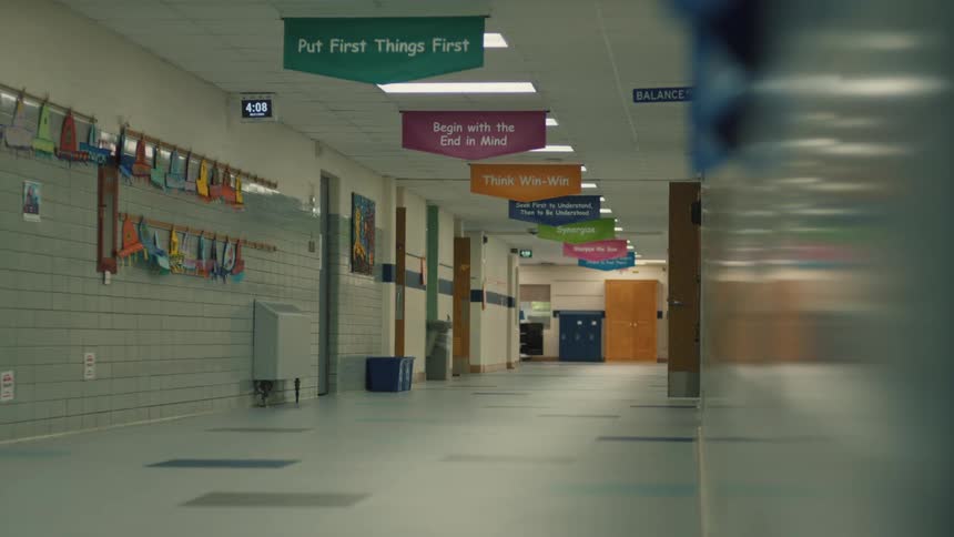 An empty school hallway with some signs in the ceiling and with walls decorated