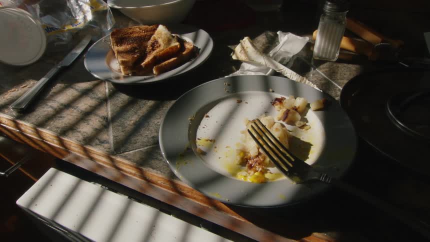 A messy kitchen counter with a dirty plate with leftovers dirty paper napkins and a plate with toast