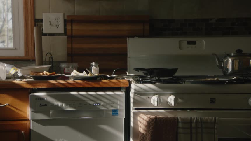 Food sits on plates on the counter and the stove in a home kitchen during the day