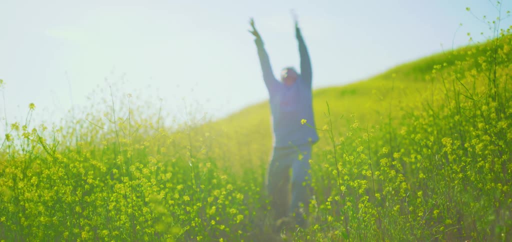 Man dancing in a field with yellow flowers during the day