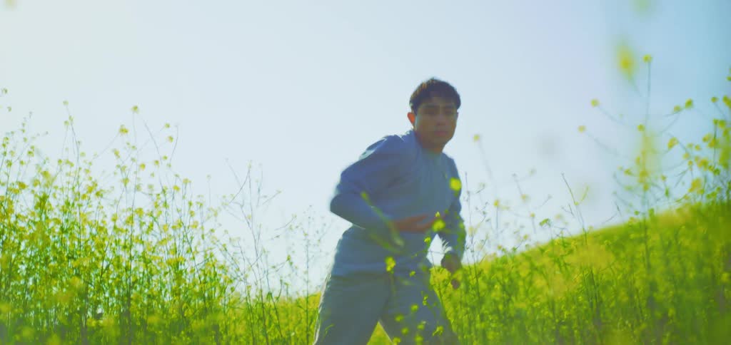 A man dances joyfully in a bright field of yellow flowers
