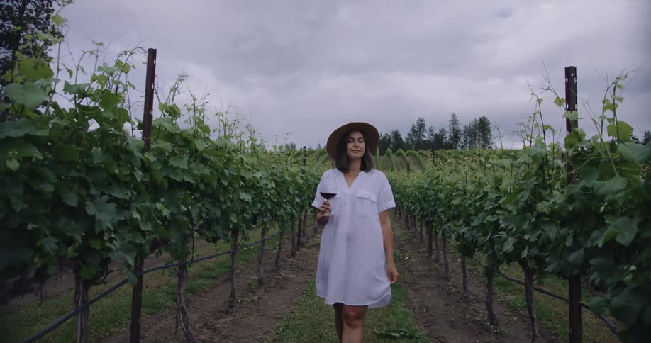 Woman with a glass of red wine walking down the path in a grape plantation