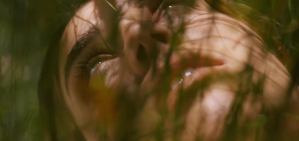 The woman is looking up at the trees