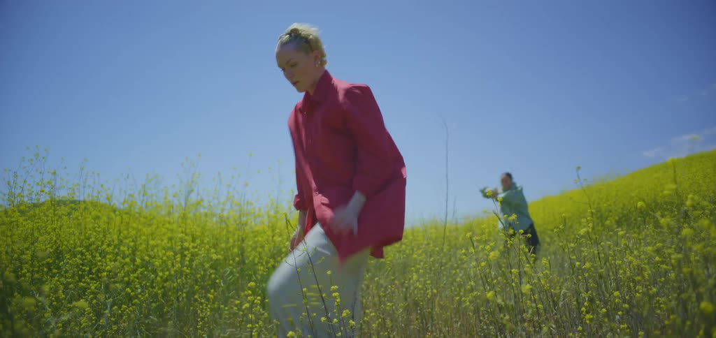 The video shows a person in a bright red shirt performing a slow expressive dance with their arms raised gracefully a second person in a light blue shirt is dancing further up a hill covered in yellow flowers in the background the scene is set under a