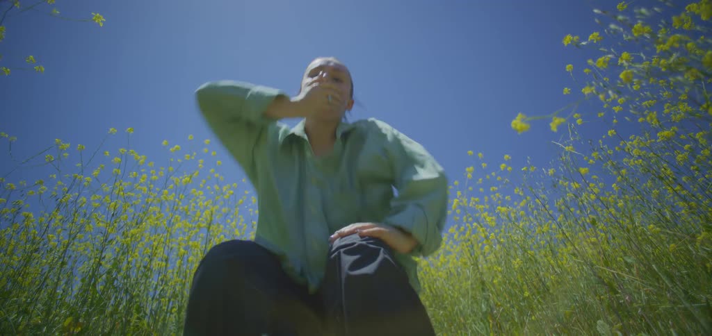 A dancer in a grass field does an interpretive dance with wild emphatic gestures